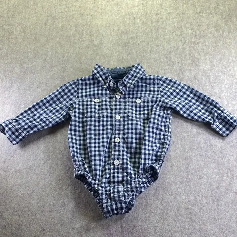 GAP Baby Blue Plaid Button Front Collared Shirt One Piece Size 6-12 Months